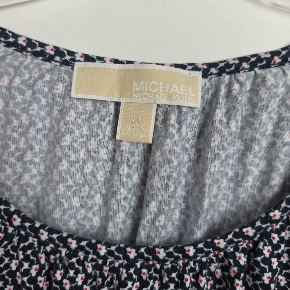 Michael Kors Floral Shirt women's M Blue w/ White, Red Flowers Ruffle Slvs
